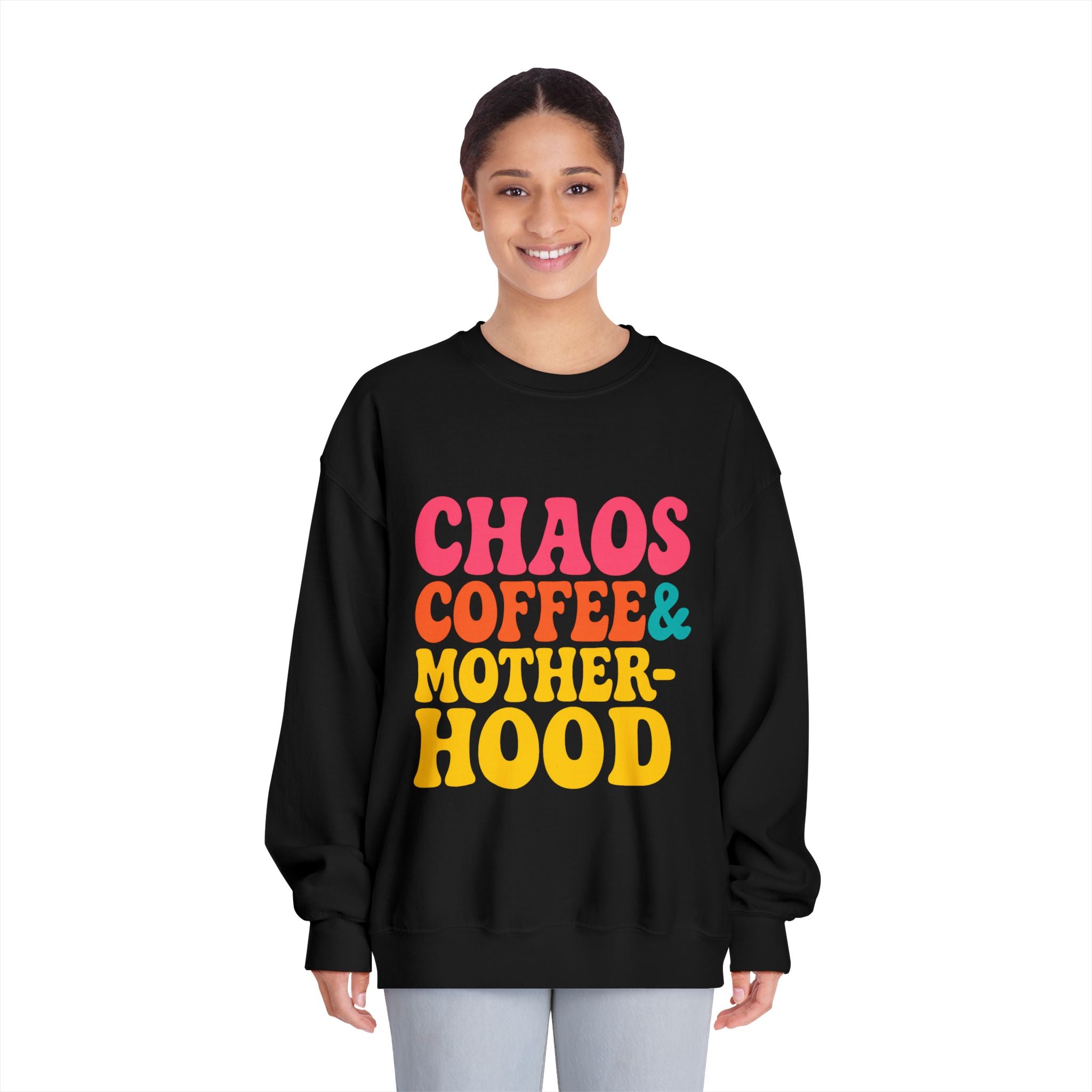 Chaos Coffee & Motherhood Sweatshirt | Retro Color Block Mom Tee