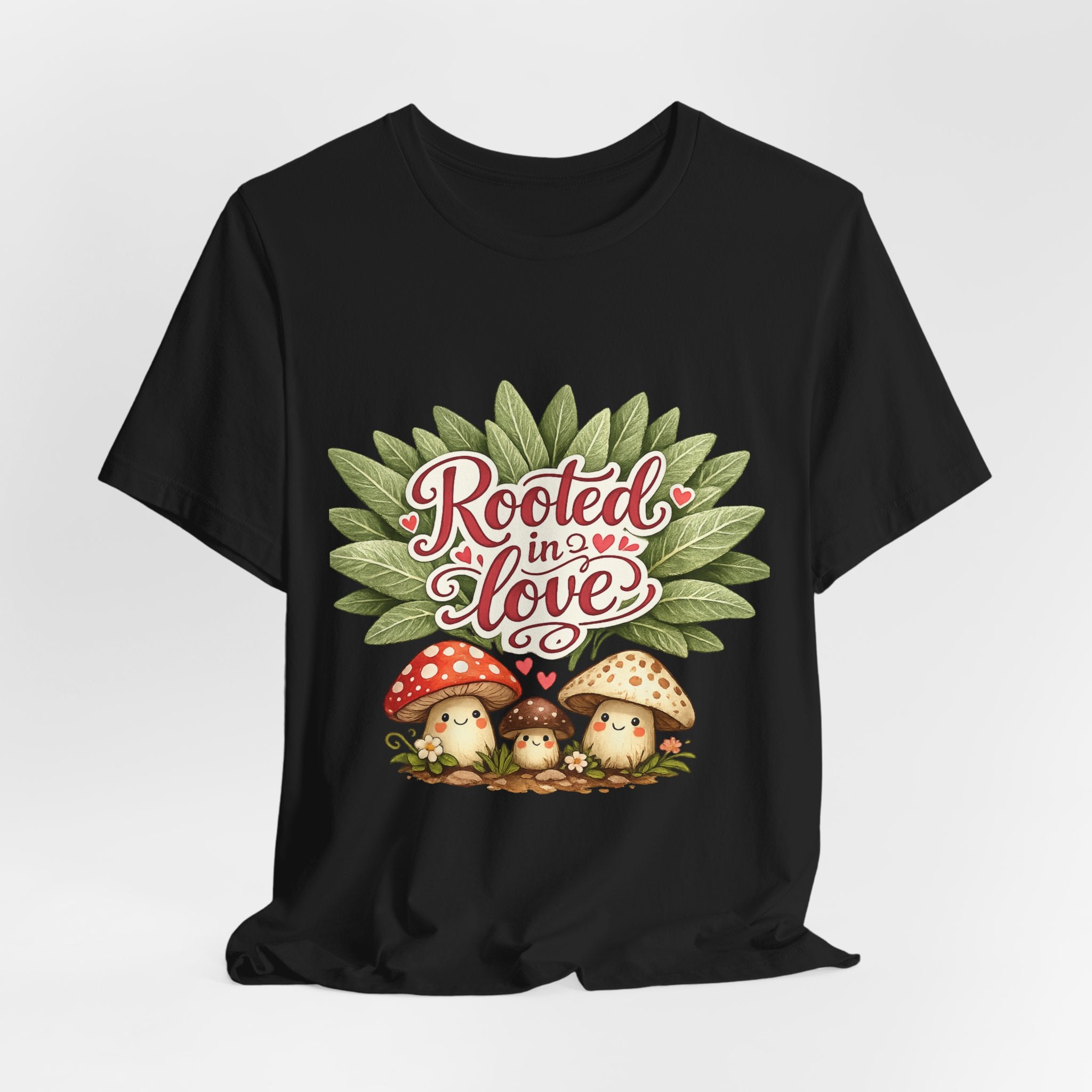 Rooted in Love mushroom family T-Shirt | botanical heart lettering