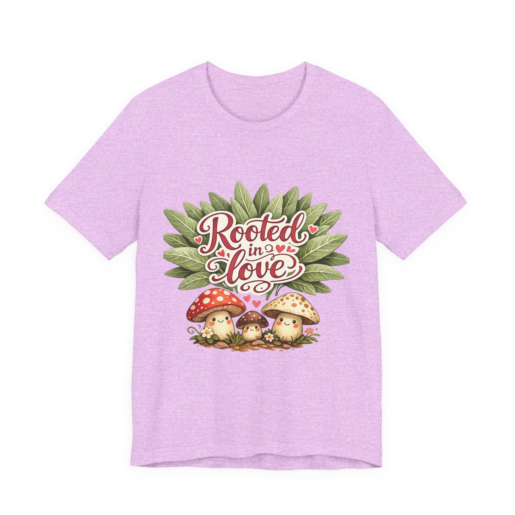 Rooted in Love mushroom family T-Shirt | botanical heart lettering