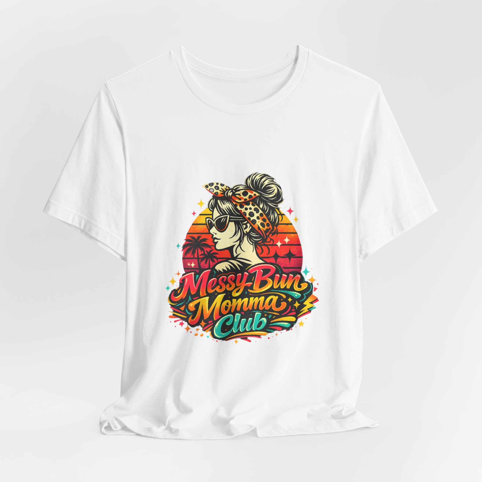 Messy Bun Momma Club Tee | Retro Sunset Mom Hair Graphic
