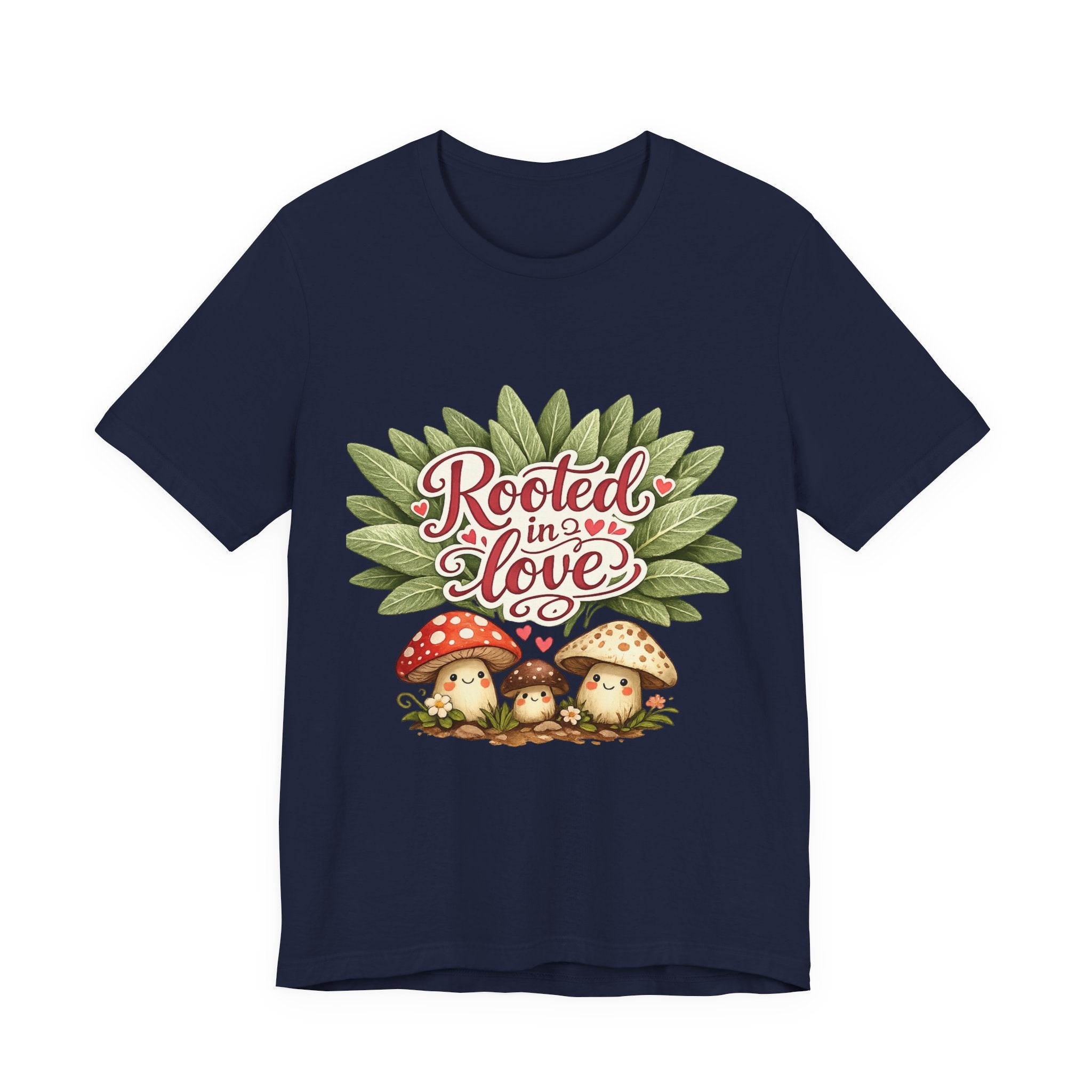 Rooted in Love mushroom family T-Shirt | botanical heart lettering
