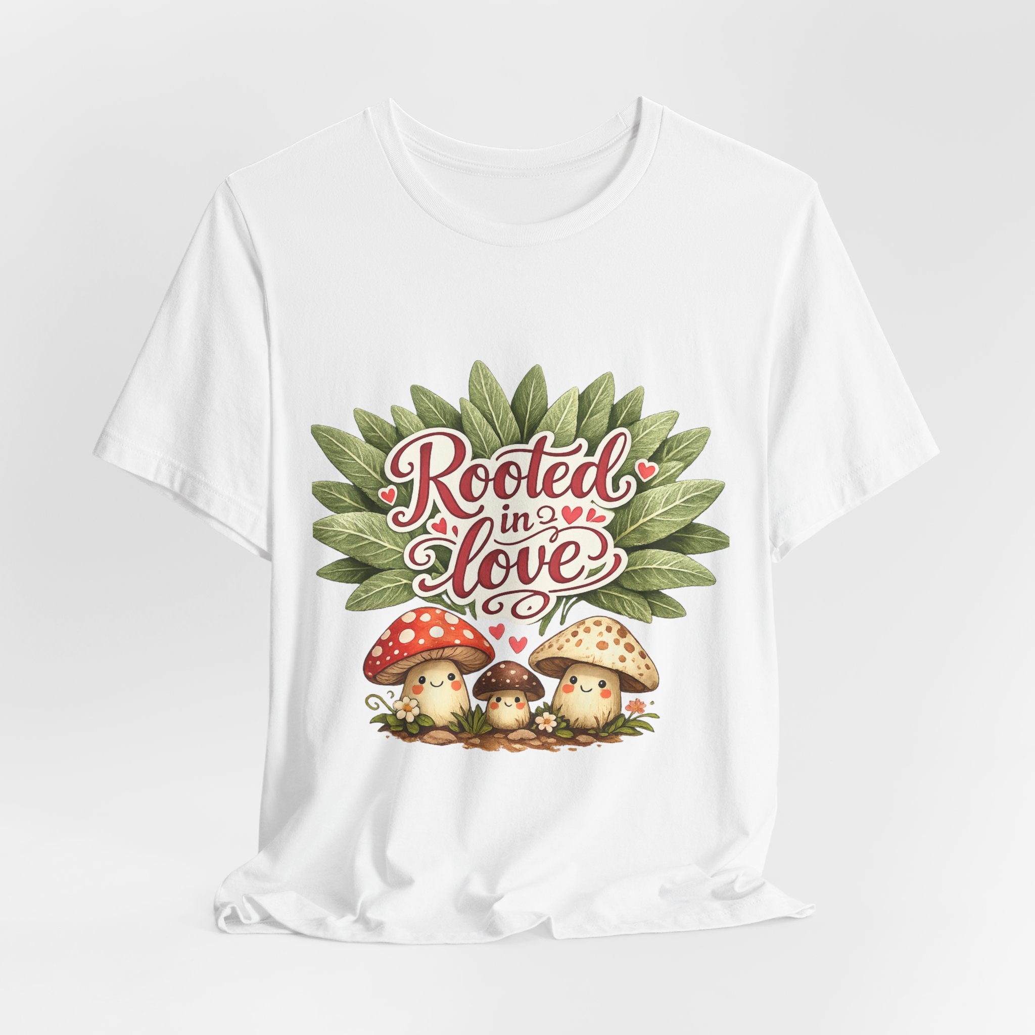 Rooted in Love mushroom family T-Shirt | botanical heart lettering