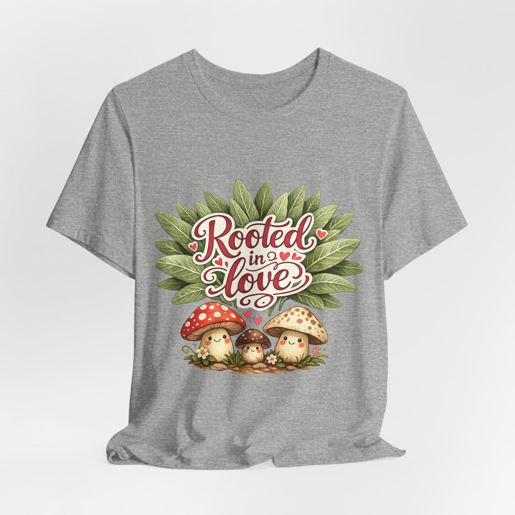 Rooted in Love mushroom family T-Shirt | botanical heart lettering