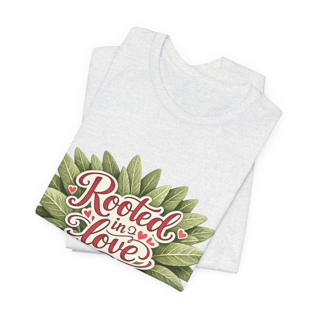 Rooted in Love mushroom family T-Shirt | botanical heart lettering