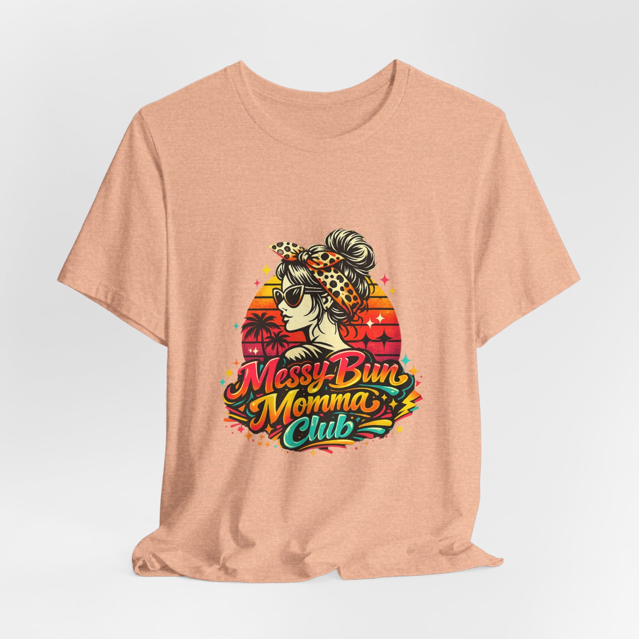 Messy Bun Momma Club Tee | Retro Sunset Mom Hair Graphic