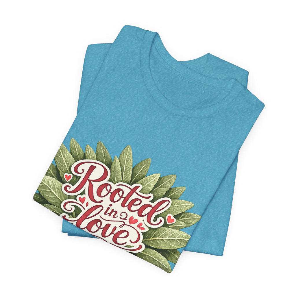 Rooted in Love mushroom family T-Shirt | botanical heart lettering