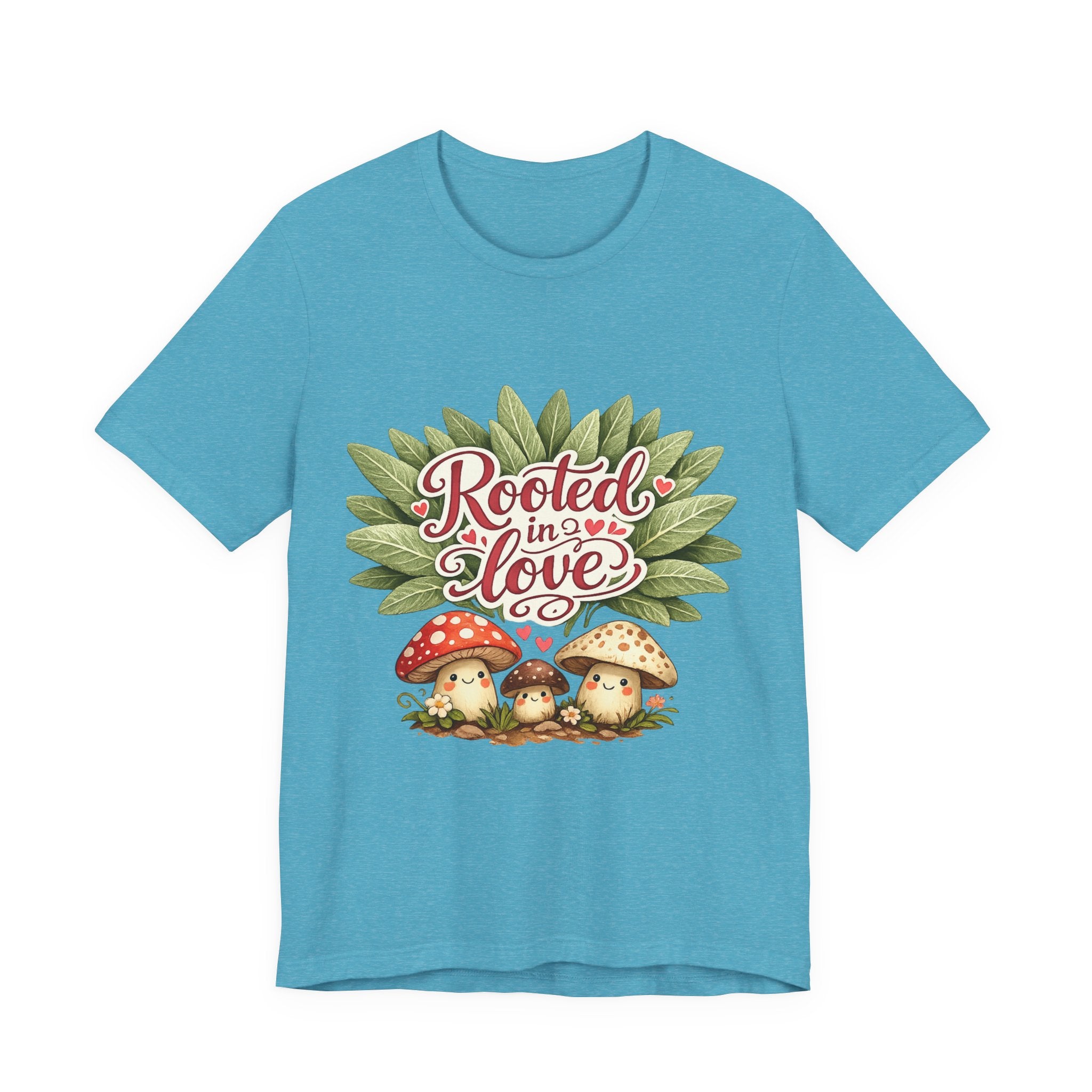 Rooted in Love mushroom family T-Shirt | botanical heart lettering