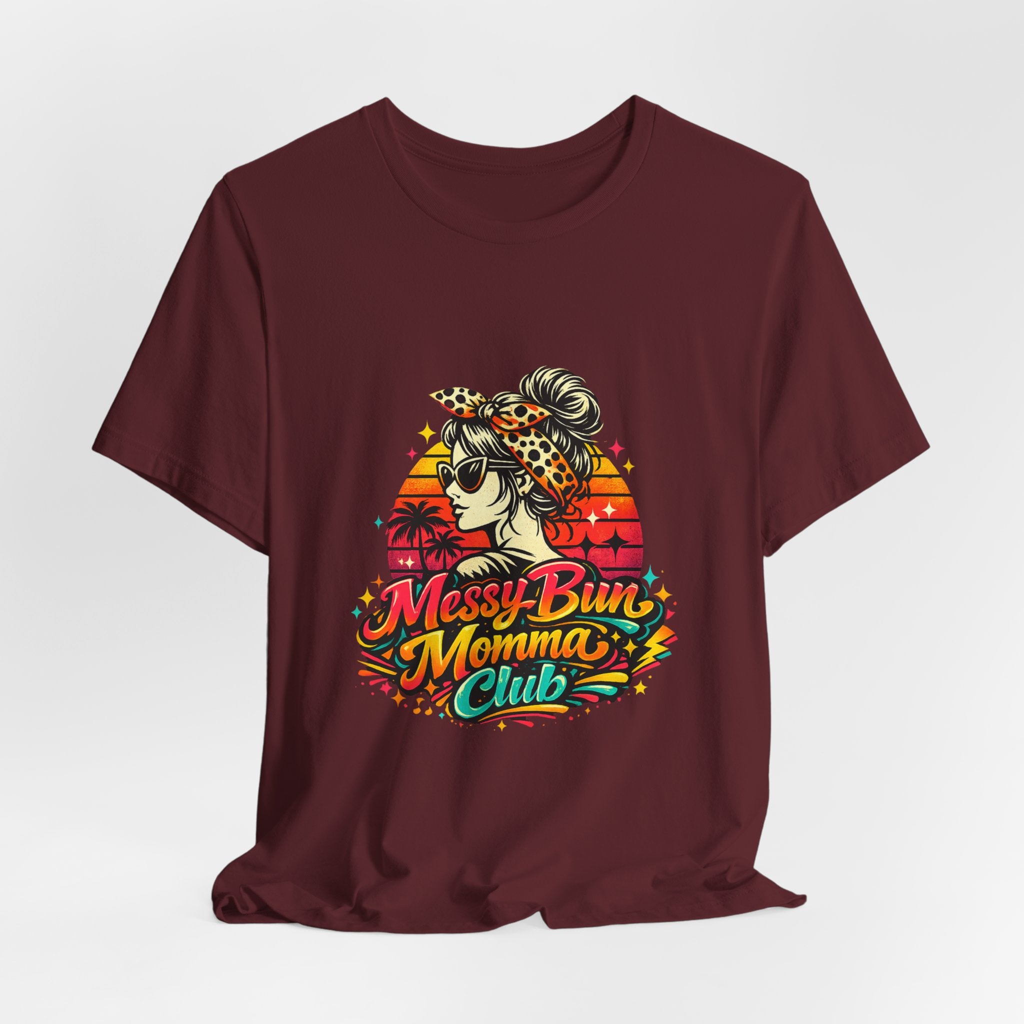 Messy Bun Momma Club Tee | Retro Sunset Mom Hair Graphic