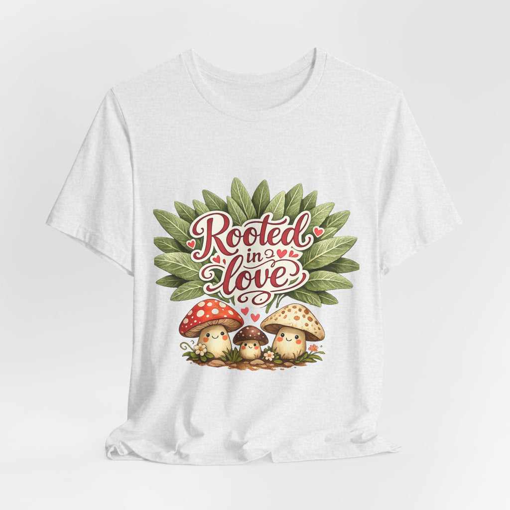 Rooted in Love mushroom family T-Shirt | botanical heart lettering