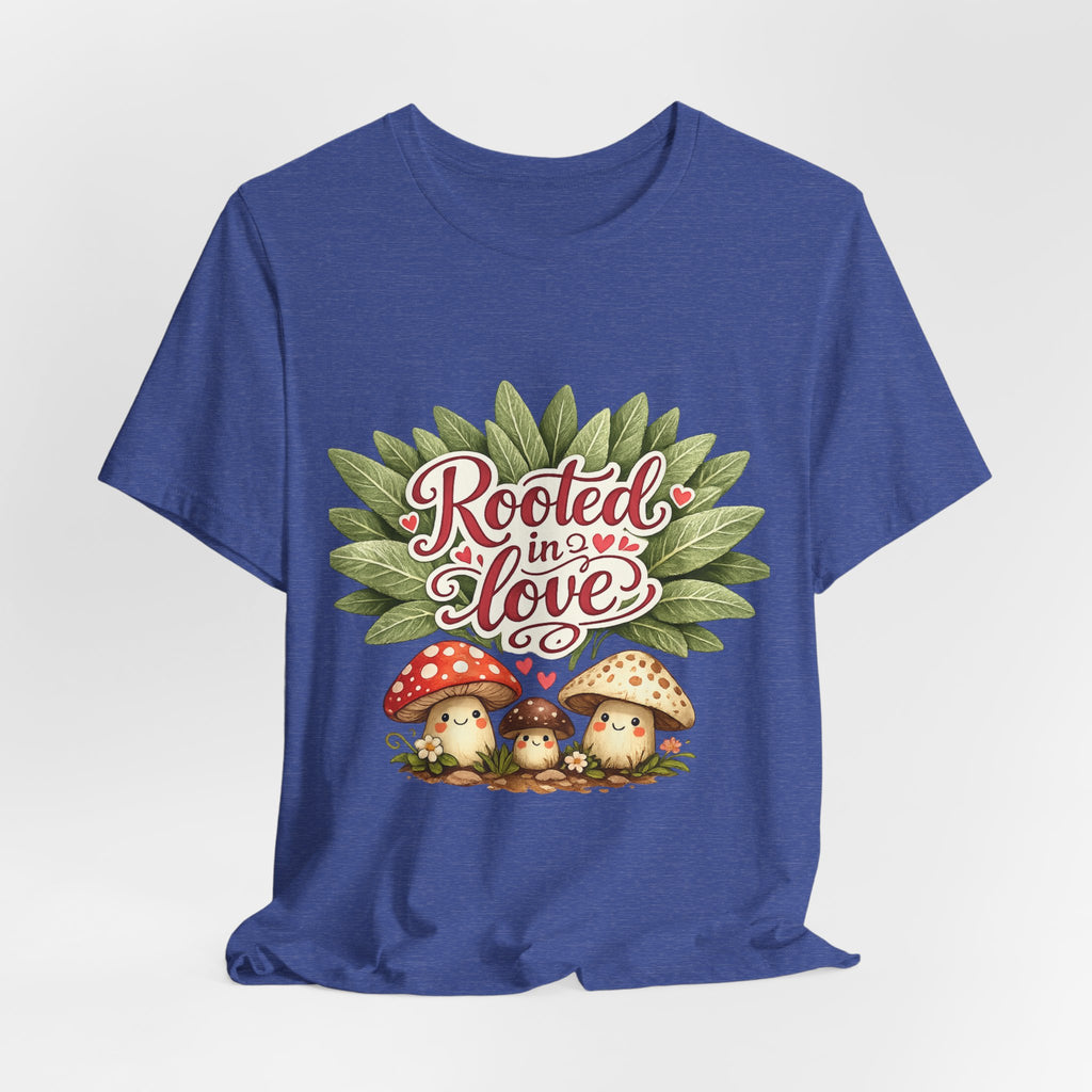 Rooted in Love mushroom family T-Shirt | botanical heart lettering