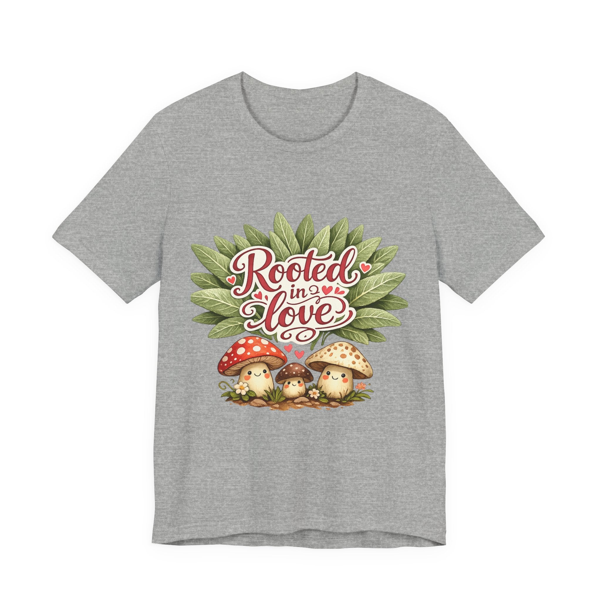 Rooted in Love mushroom family T-Shirt | botanical heart lettering