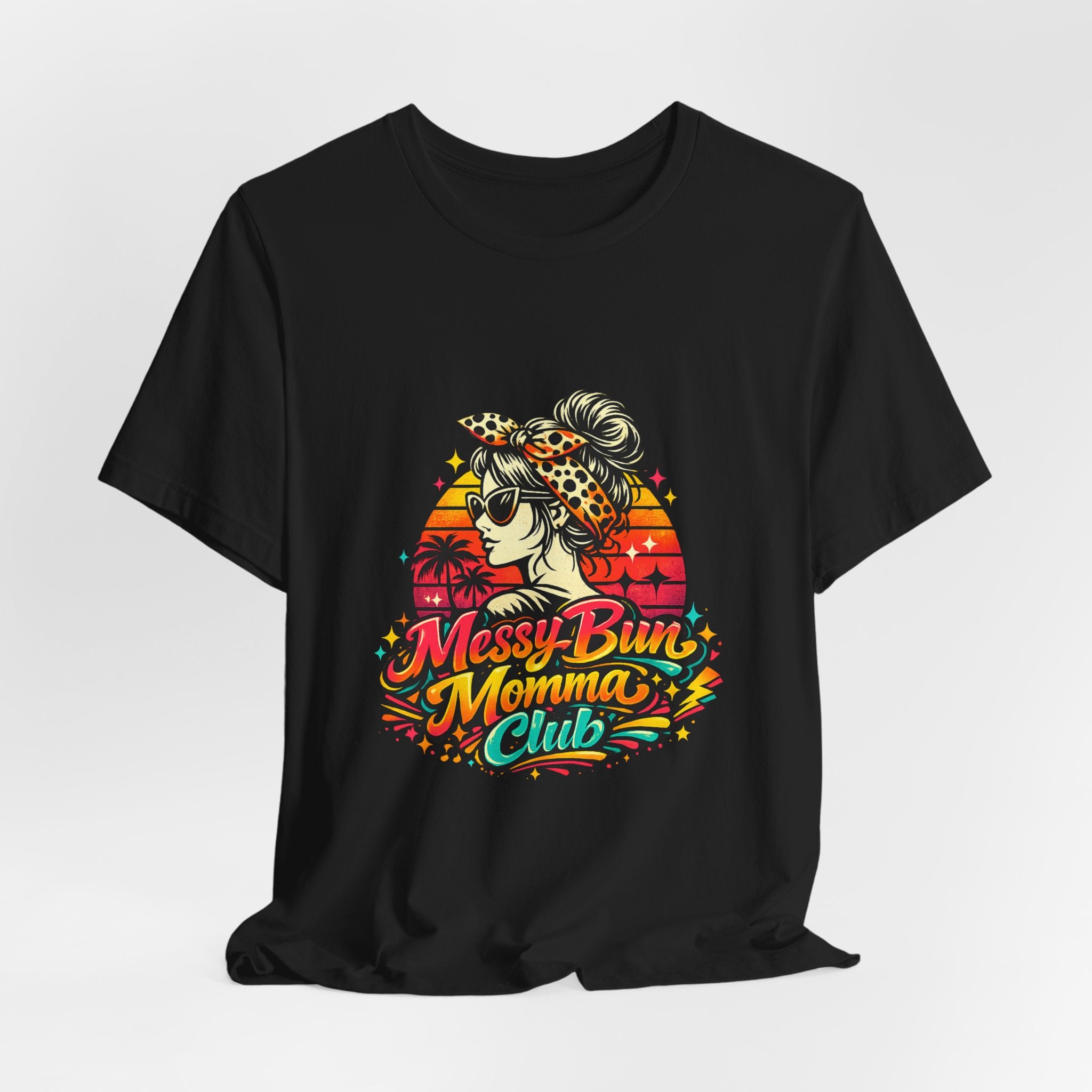 Messy Bun Momma Club Tee | Retro Sunset Mom Hair Graphic