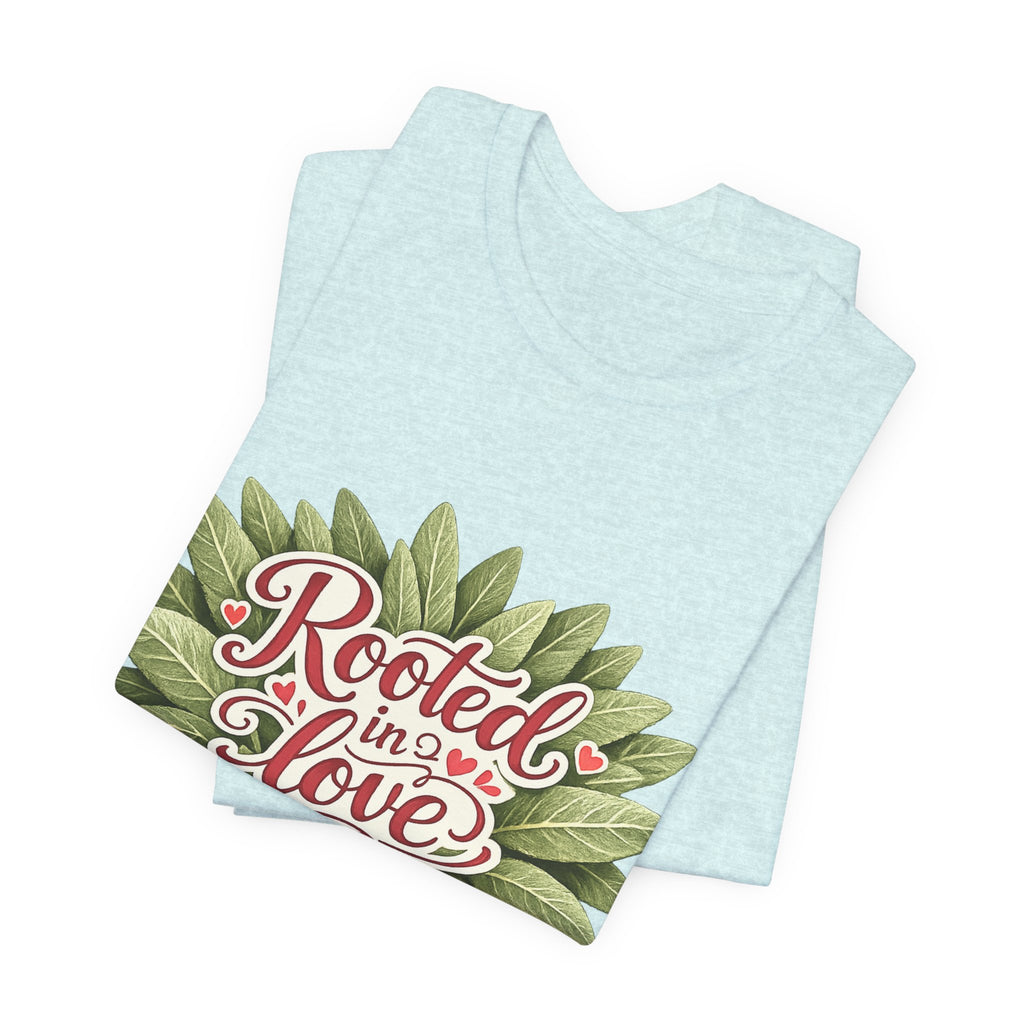 Rooted in Love mushroom family T-Shirt | botanical heart lettering