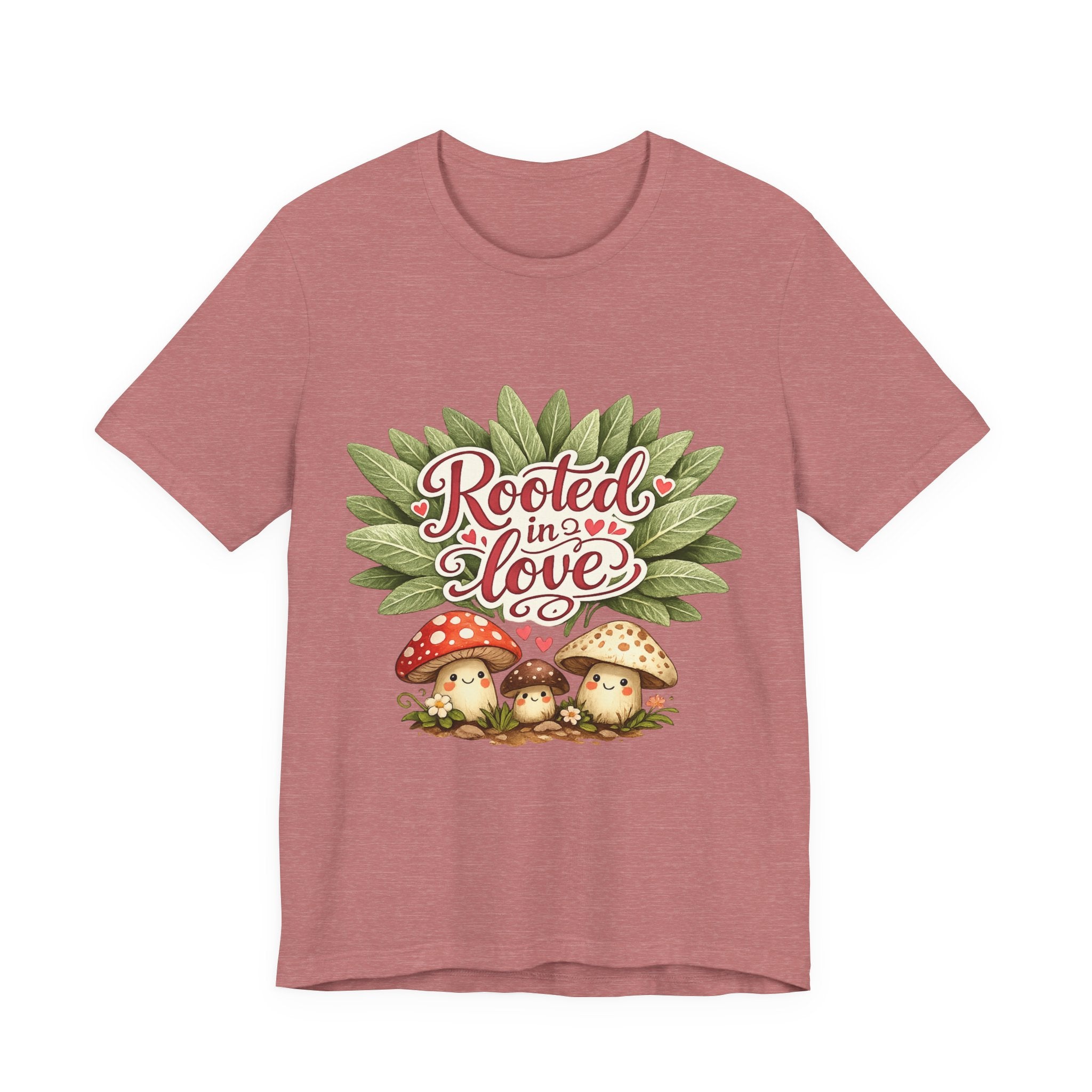 Rooted in Love mushroom family T-Shirt | botanical heart lettering