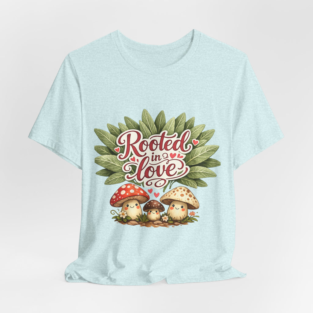 Rooted in Love mushroom family T-Shirt | botanical heart lettering