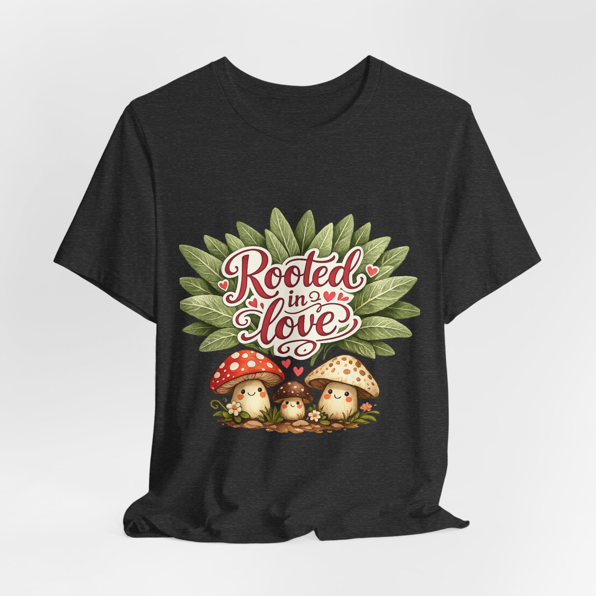 Rooted in Love mushroom family T-Shirt | botanical heart lettering