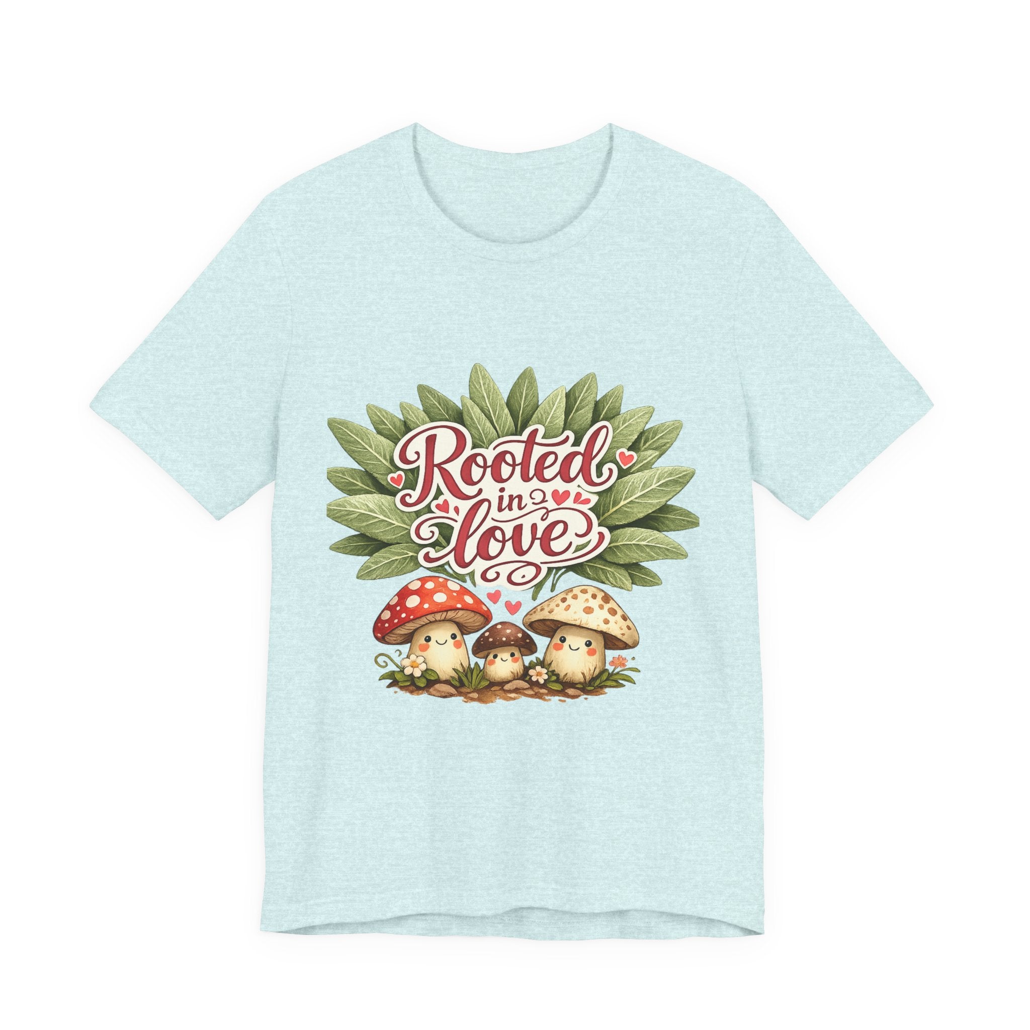 Rooted in Love mushroom family T-Shirt | botanical heart lettering