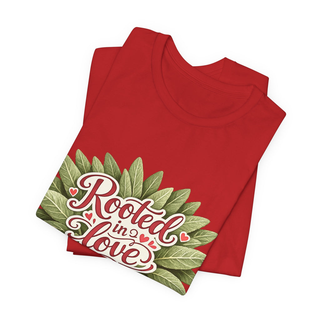 Rooted in Love mushroom family T-Shirt | botanical heart lettering