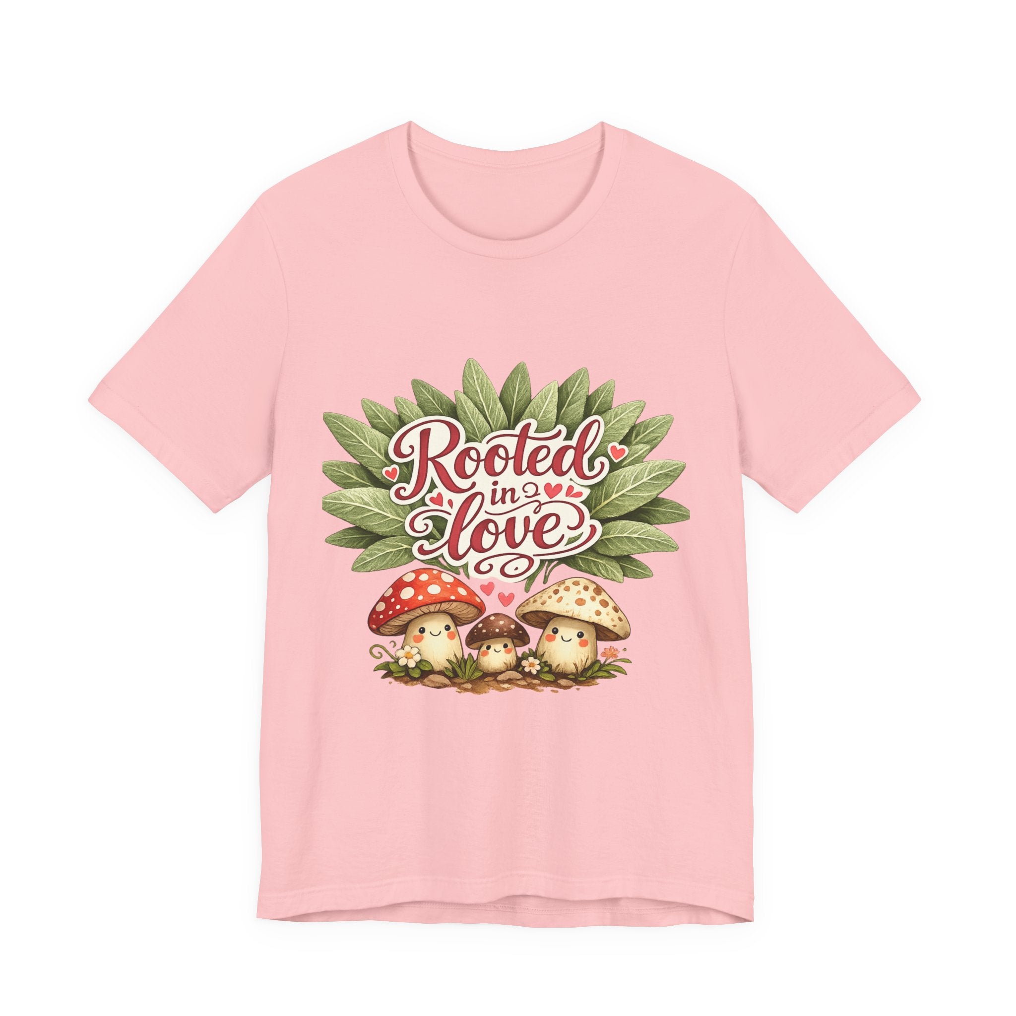 Rooted in Love mushroom family T-Shirt | botanical heart lettering