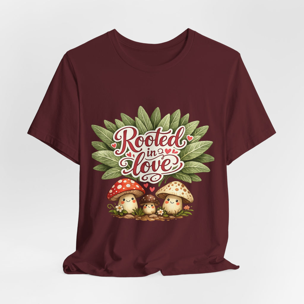 Rooted in Love mushroom family T-Shirt | botanical heart lettering