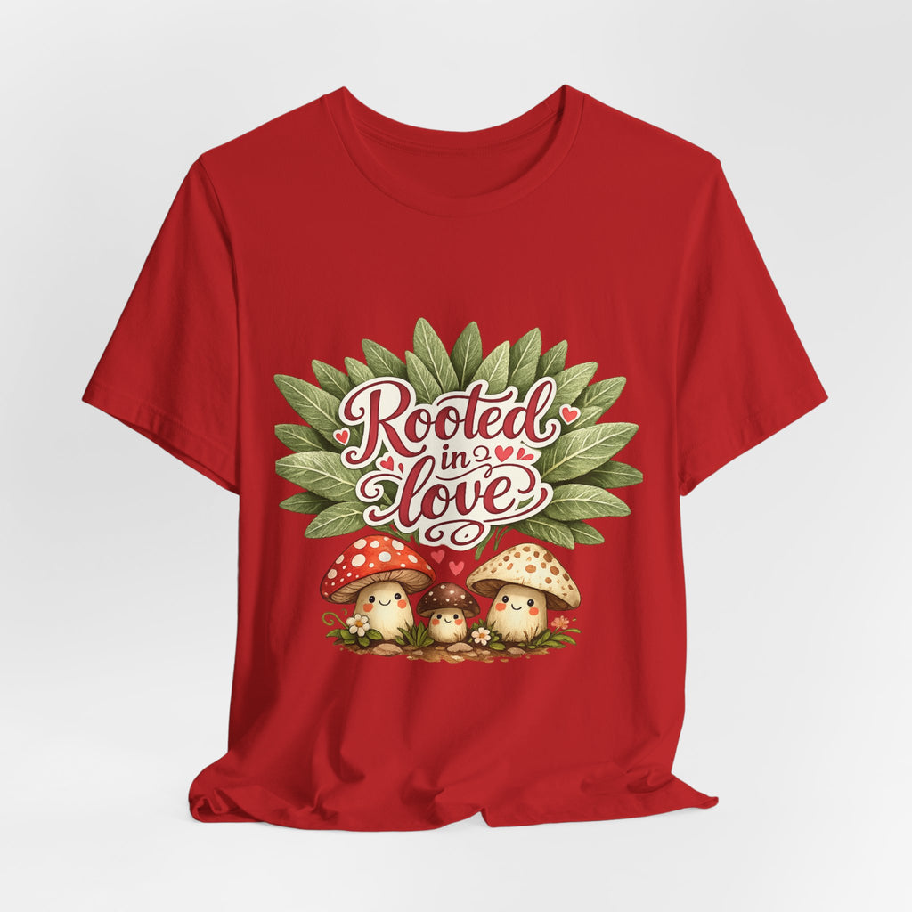 Rooted in Love mushroom family T-Shirt | botanical heart lettering