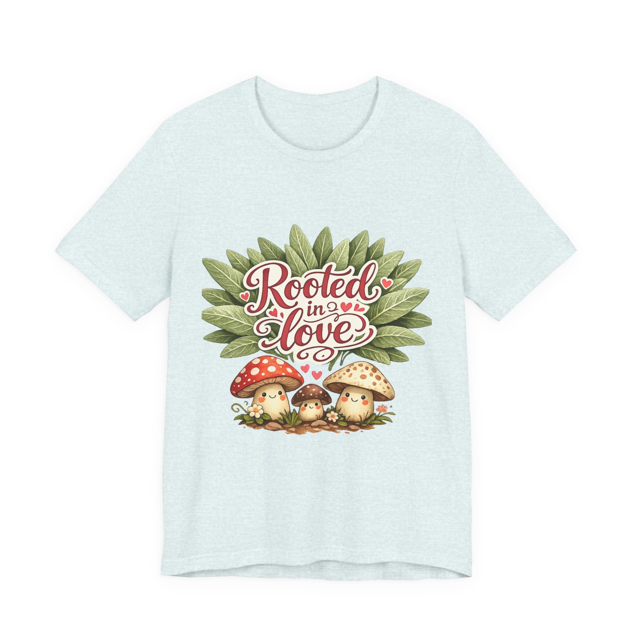 Rooted in Love mushroom family T-Shirt | botanical heart lettering