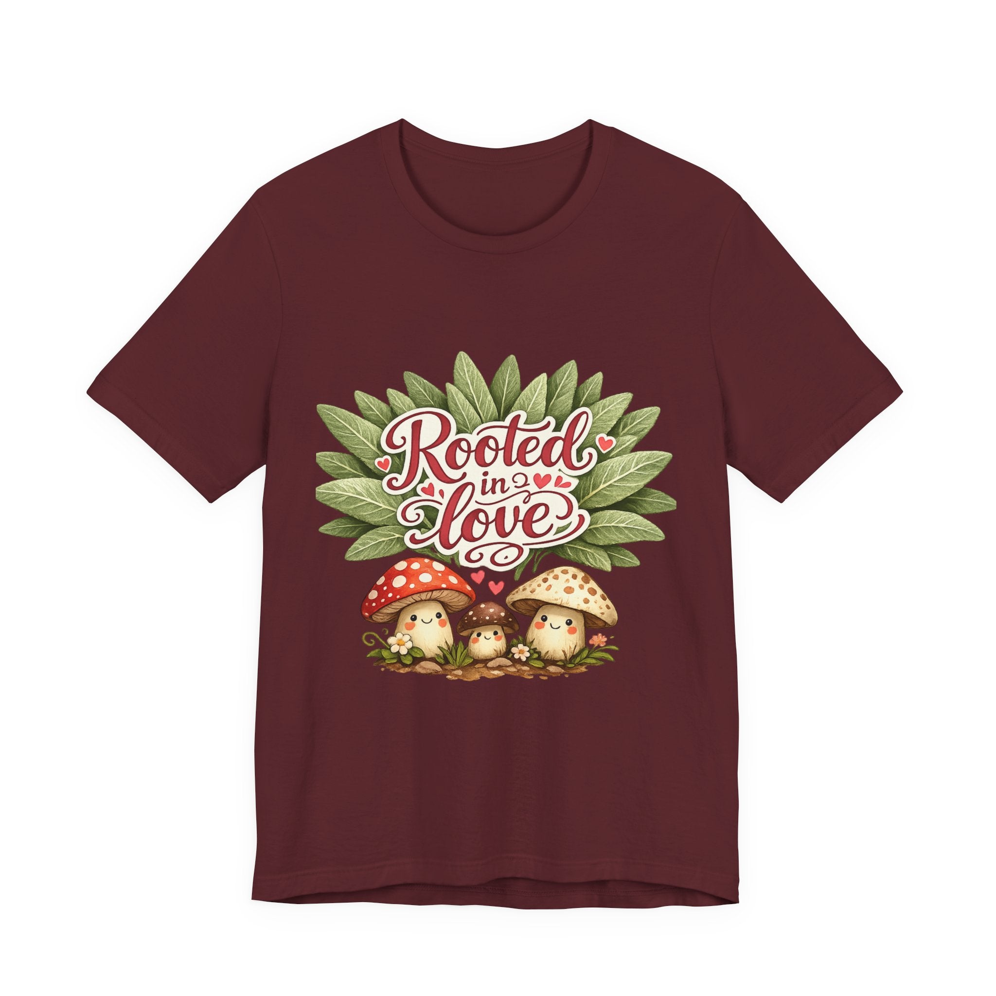 Rooted in Love mushroom family T-Shirt | botanical heart lettering