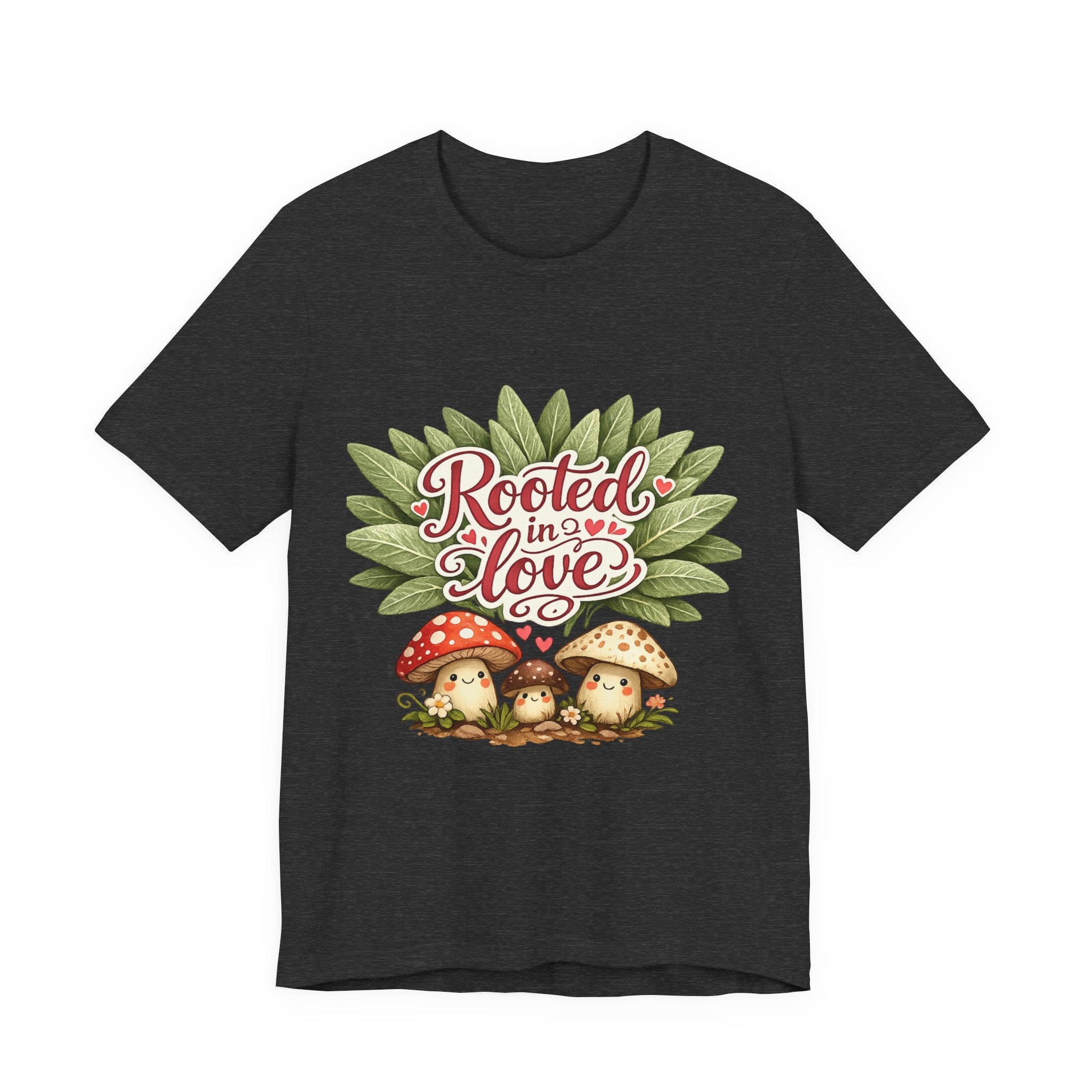 Rooted in Love mushroom family T-Shirt | botanical heart lettering