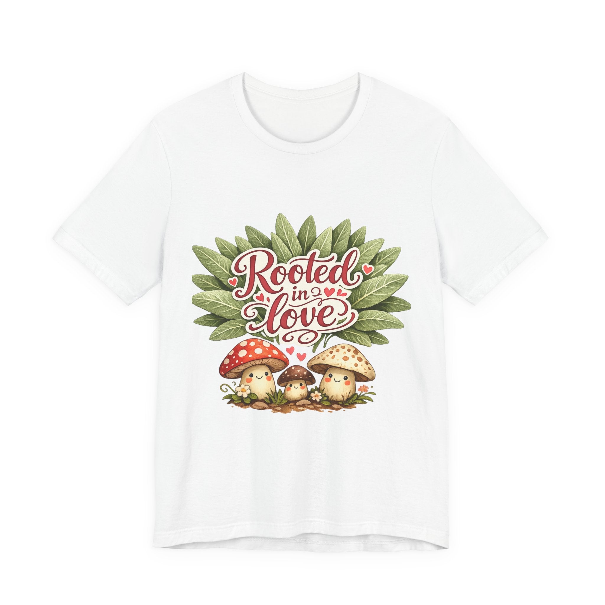 Rooted in Love mushroom family T-Shirt | botanical heart lettering