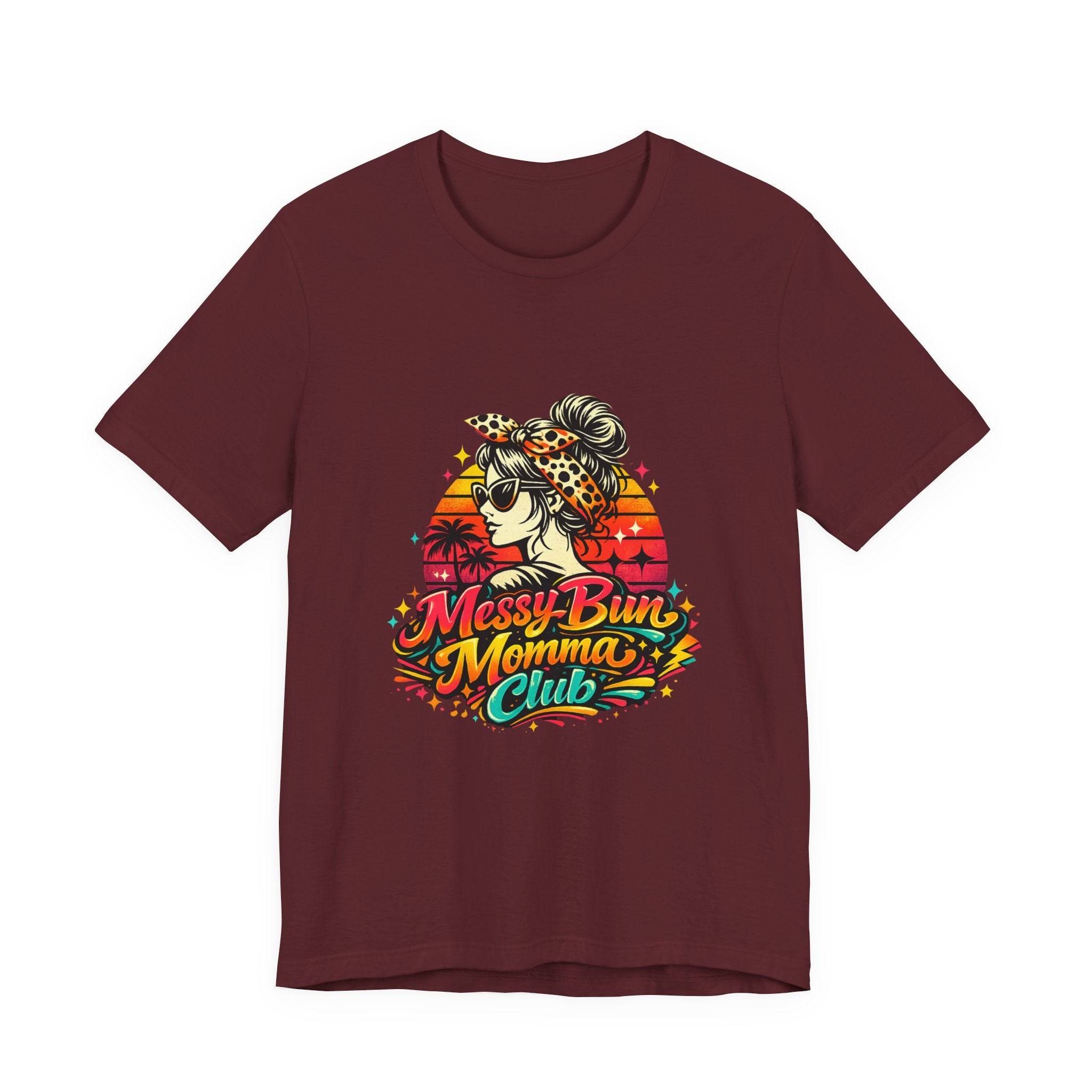Messy Bun Momma Club Tee | Retro Sunset Mom Hair Graphic