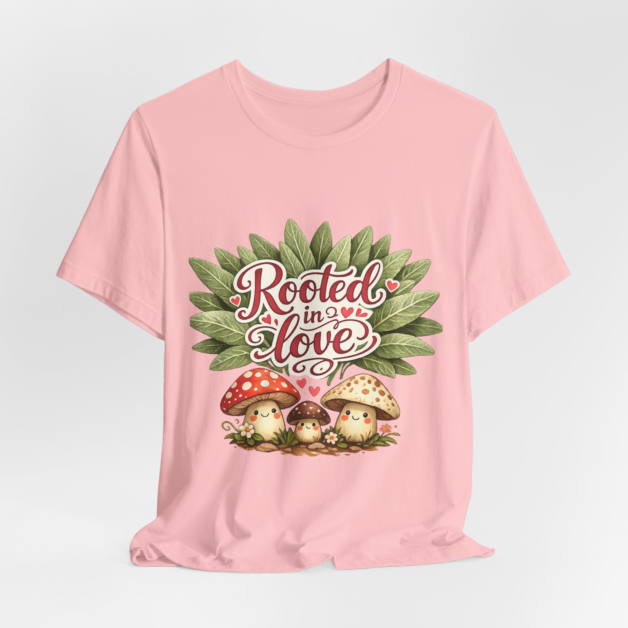 Rooted in Love mushroom family T-Shirt | botanical heart lettering