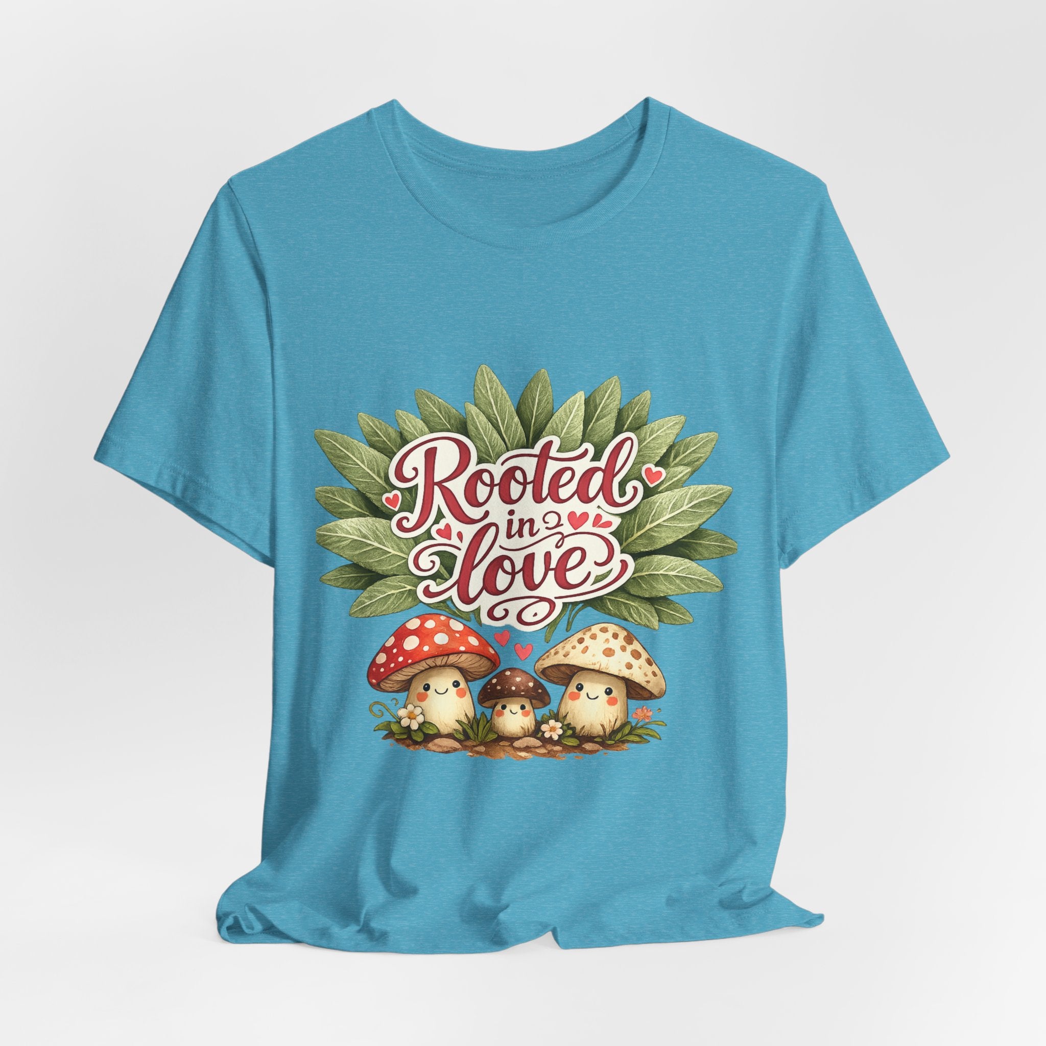 Rooted in Love mushroom family T-Shirt | botanical heart lettering