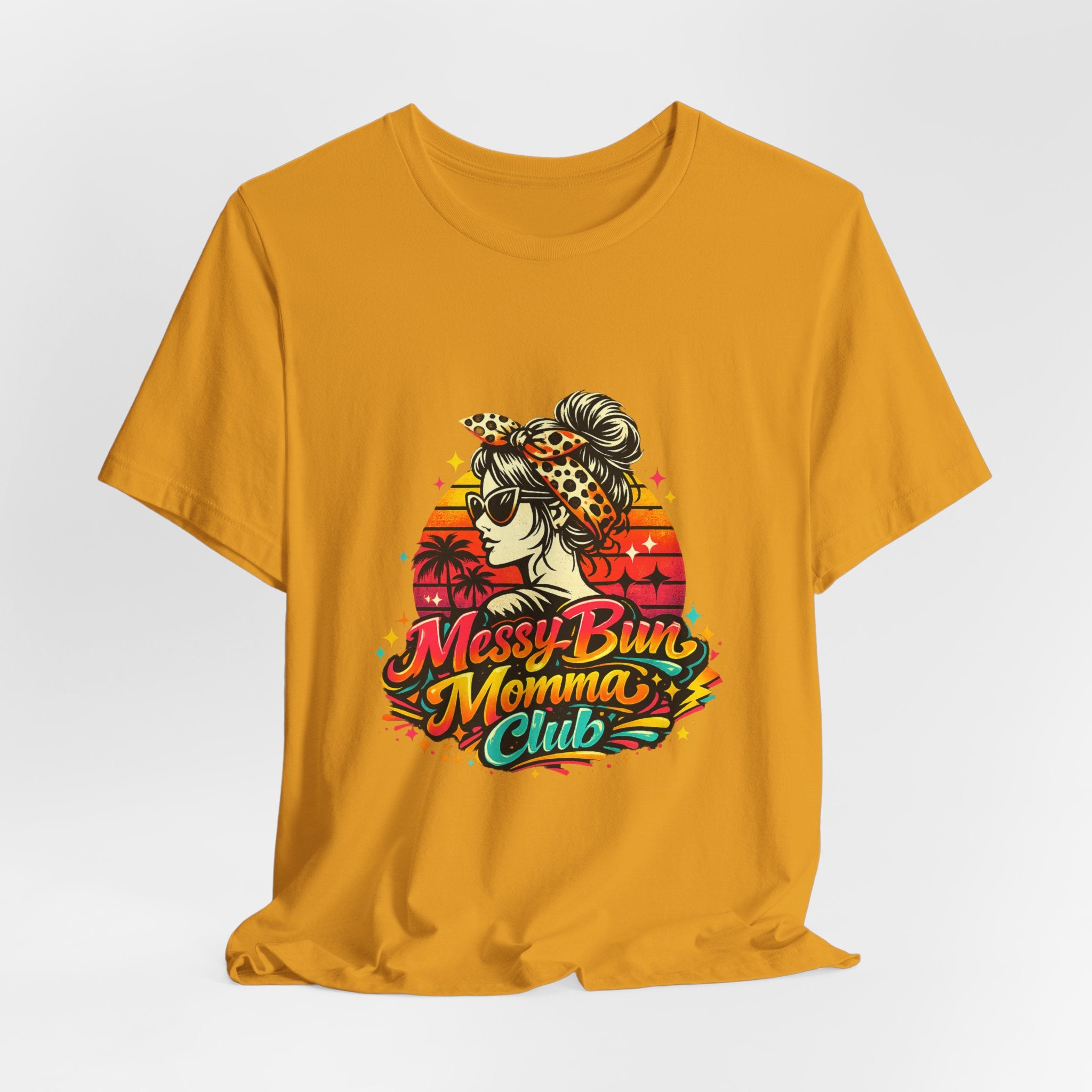 Messy Bun Momma Club Tee | Retro Sunset Mom Hair Graphic