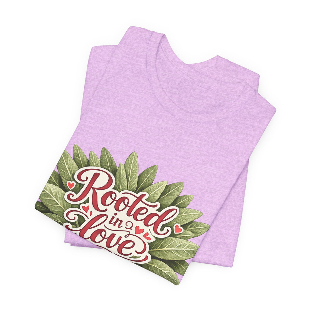 Rooted in Love mushroom family T-Shirt | botanical heart lettering