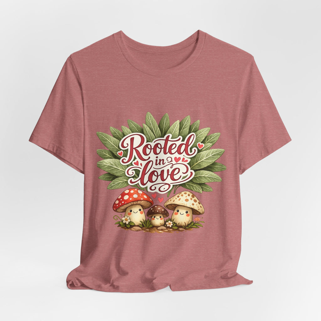 Rooted in Love mushroom family T-Shirt | botanical heart lettering