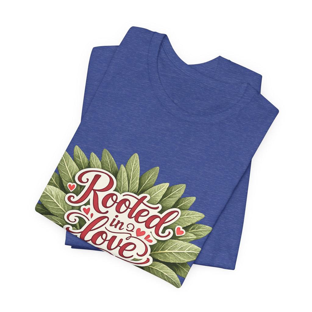 Rooted in Love mushroom family T-Shirt | botanical heart lettering