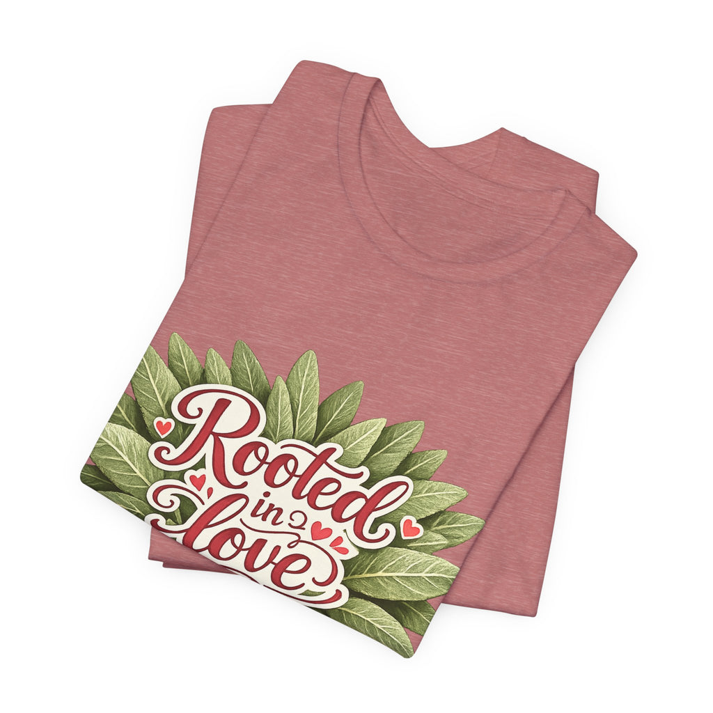 Rooted in Love mushroom family T-Shirt | botanical heart lettering