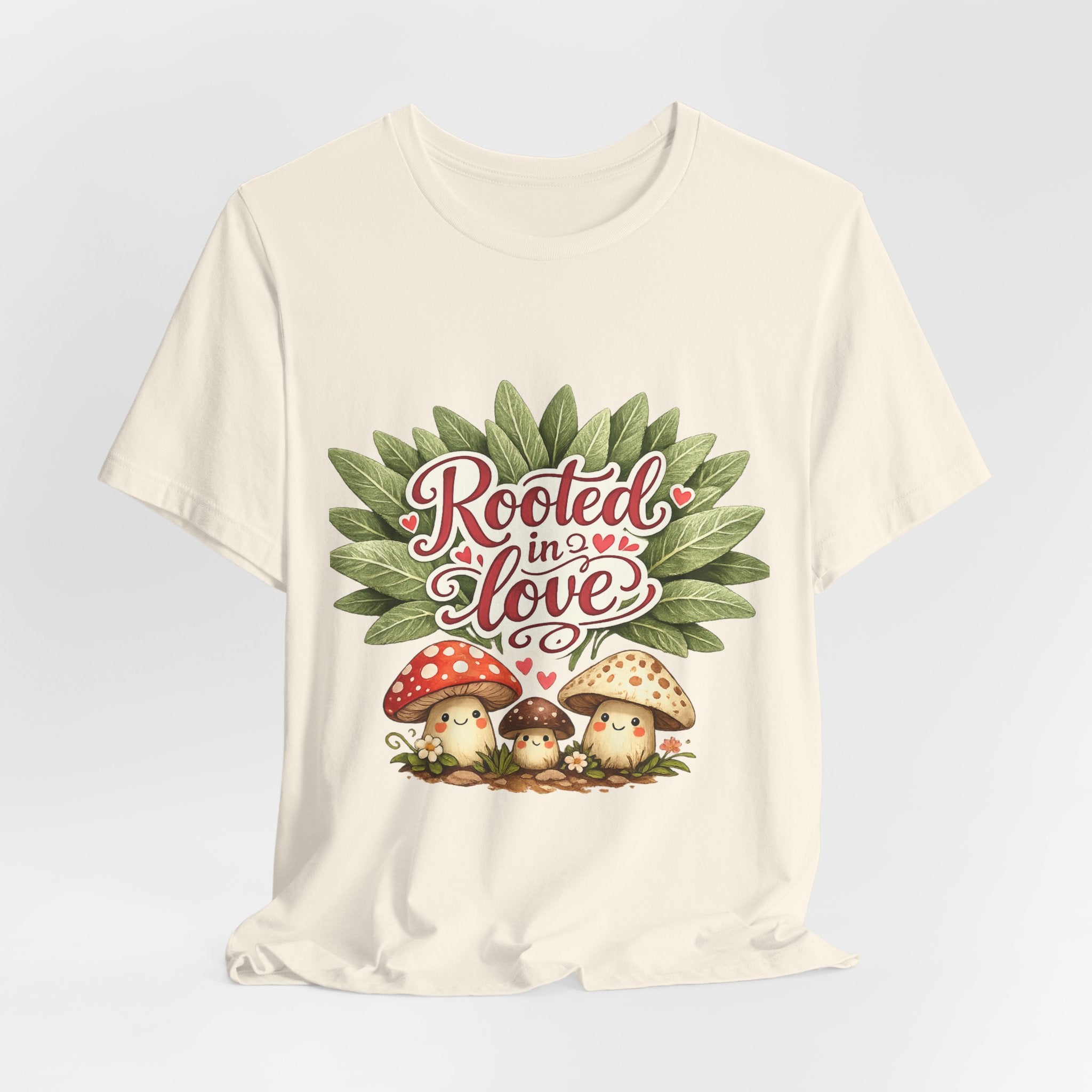 Rooted in Love mushroom family T-Shirt | botanical heart lettering
