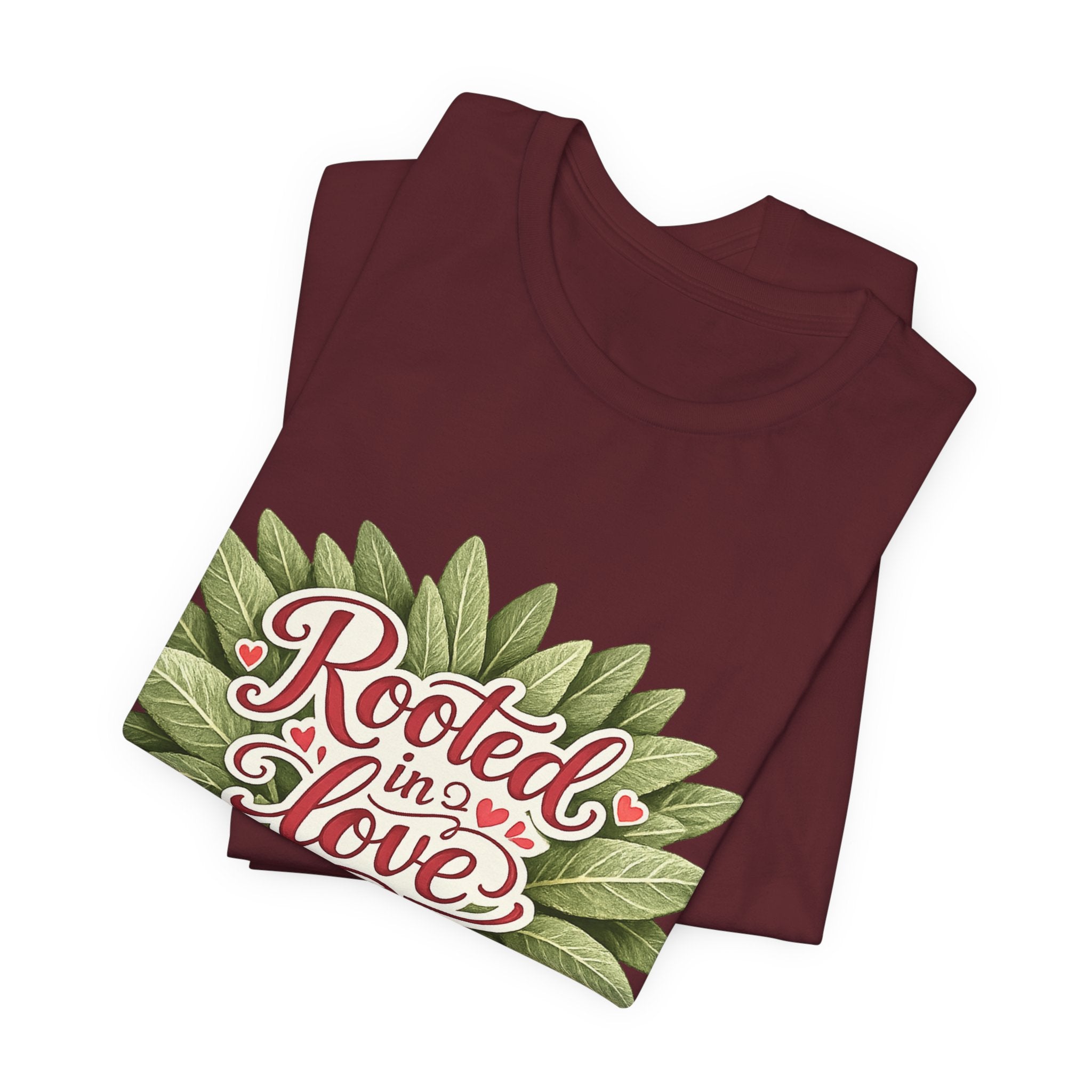 Rooted in Love mushroom family T-Shirt | botanical heart lettering