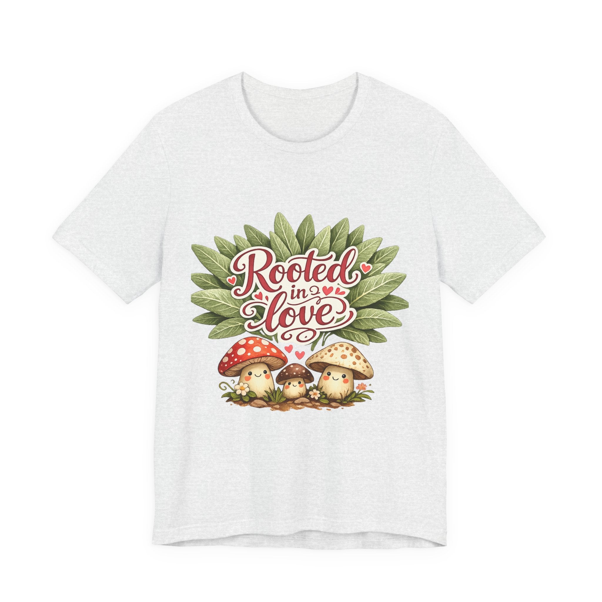 Rooted in Love mushroom family T-Shirt | botanical heart lettering