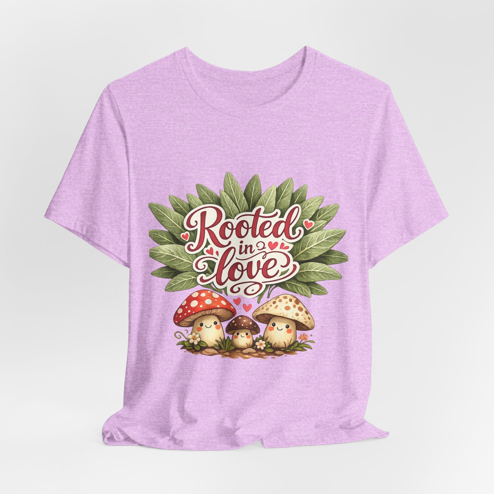 Rooted in Love mushroom family T-Shirt | botanical heart lettering