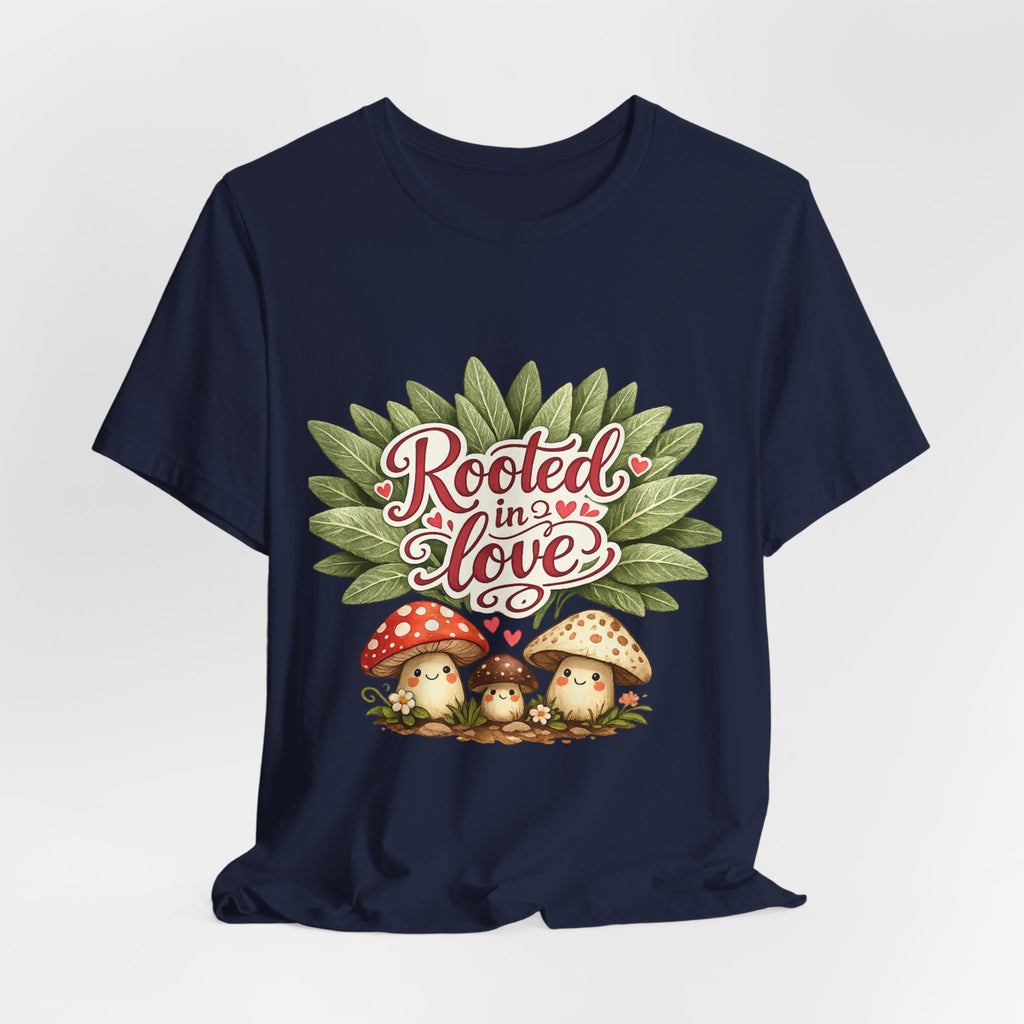 Rooted in Love mushroom family T-Shirt | botanical heart lettering