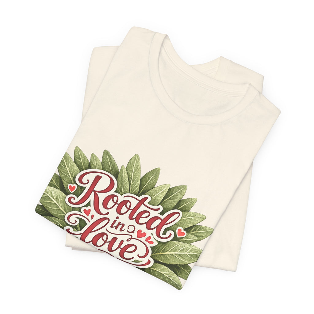 Rooted in Love mushroom family T-Shirt | botanical heart lettering
