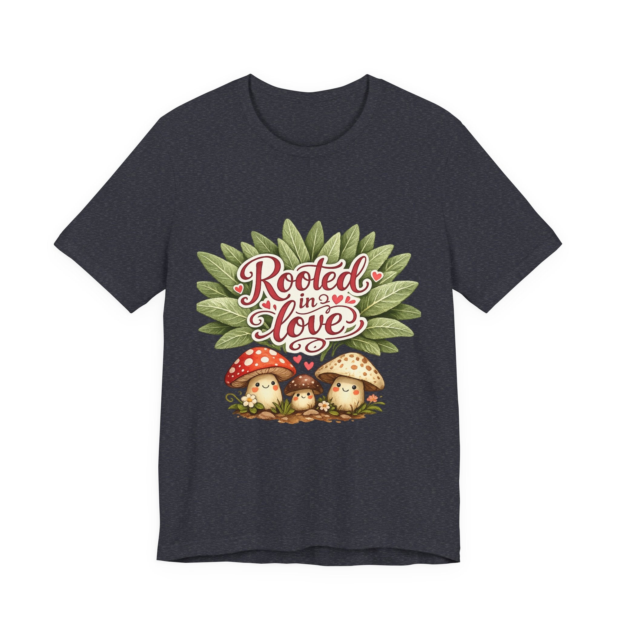 Rooted in Love mushroom family T-Shirt | botanical heart lettering