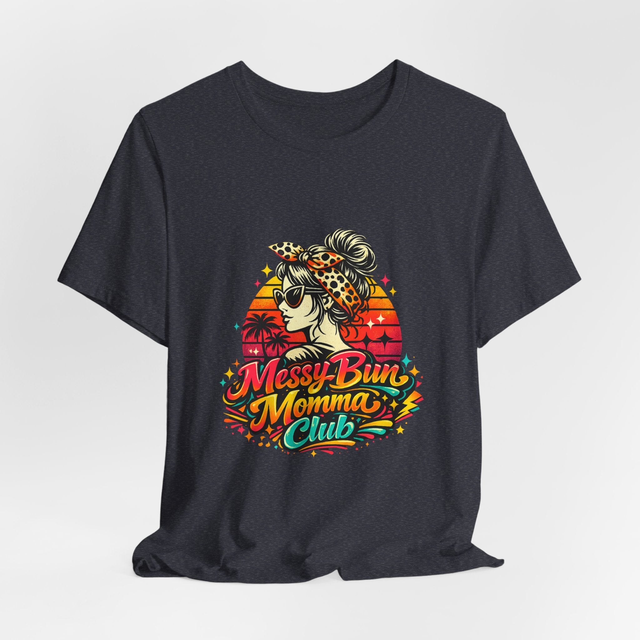 Messy Bun Momma Club Tee | Retro Sunset Mom Hair Graphic