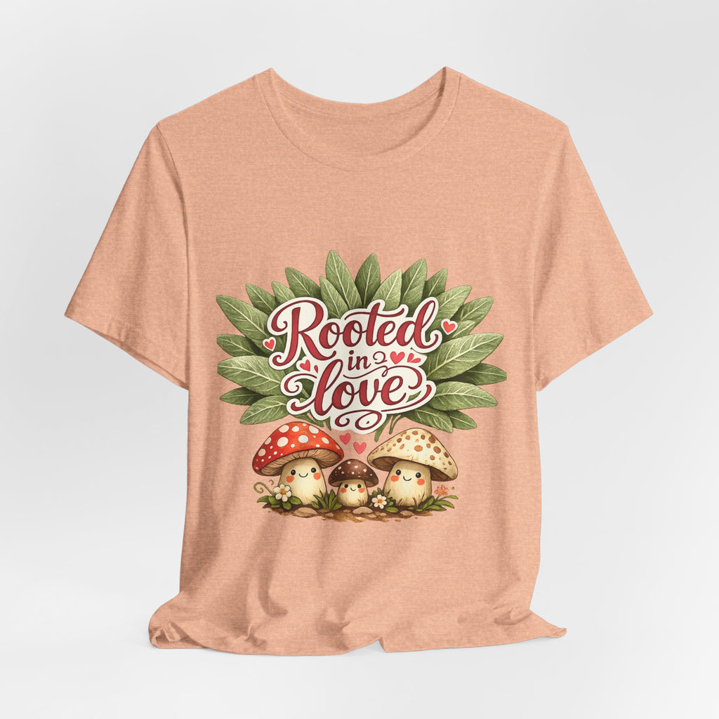 Rooted in Love mushroom family T-Shirt | botanical heart lettering