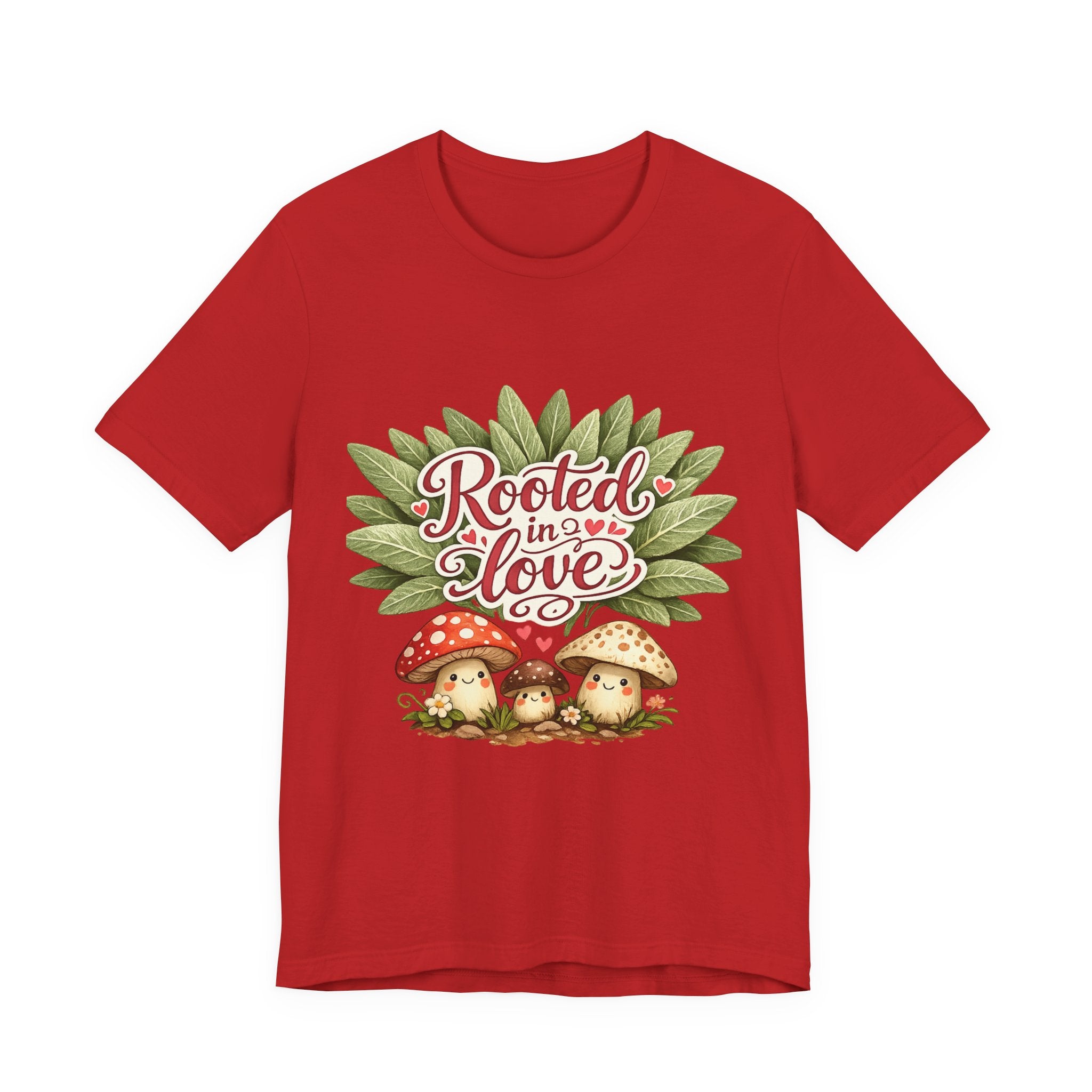 Rooted in Love mushroom family T-Shirt | botanical heart lettering