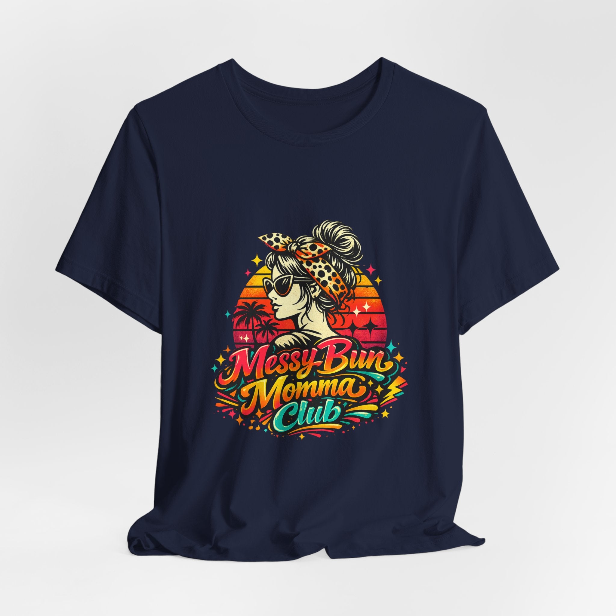 Messy Bun Momma Club Tee | Retro Sunset Mom Hair Graphic