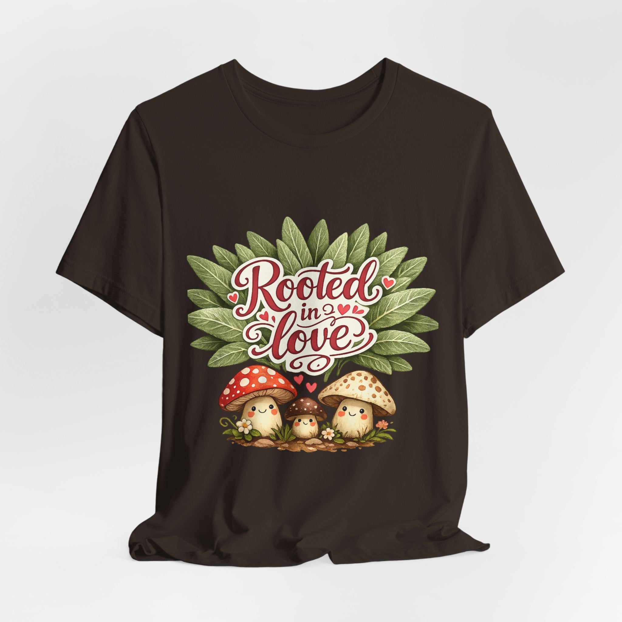 Rooted in Love mushroom family T-Shirt | botanical heart lettering