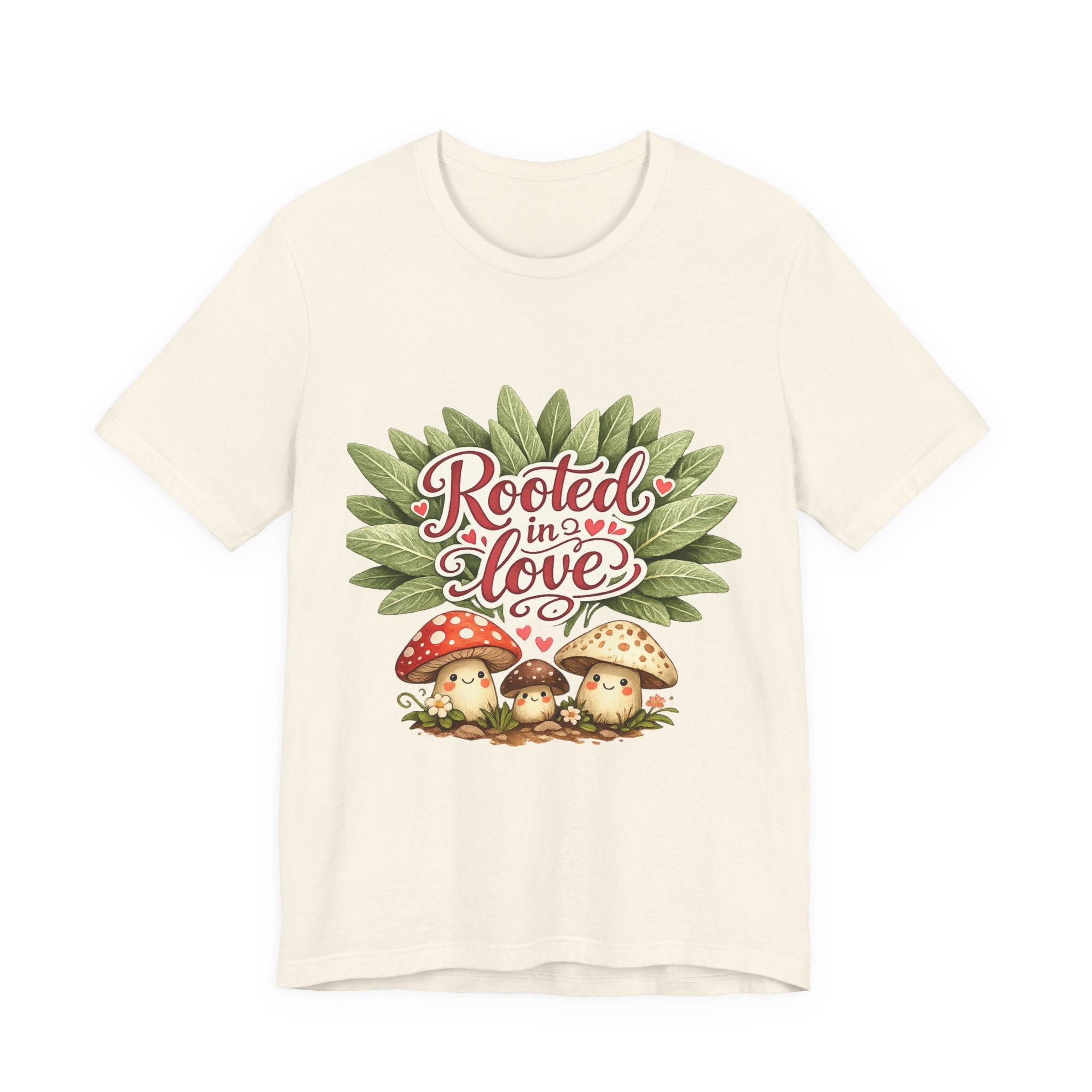 Rooted in Love mushroom family T-Shirt | botanical heart lettering